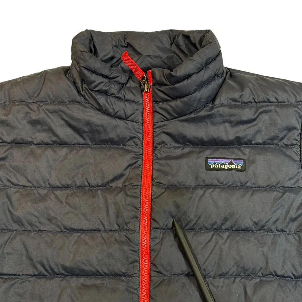 Patagonia Kids Down Sweater Jacket Navy Blue Red Full Zip Puffer Size M 10 Youth